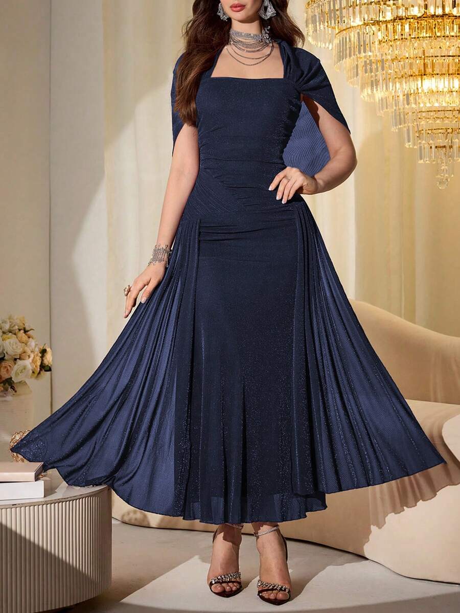 SHEIN Modelyn فستان طويل بأكمام شبكية لامعة بلون أزرق بحري