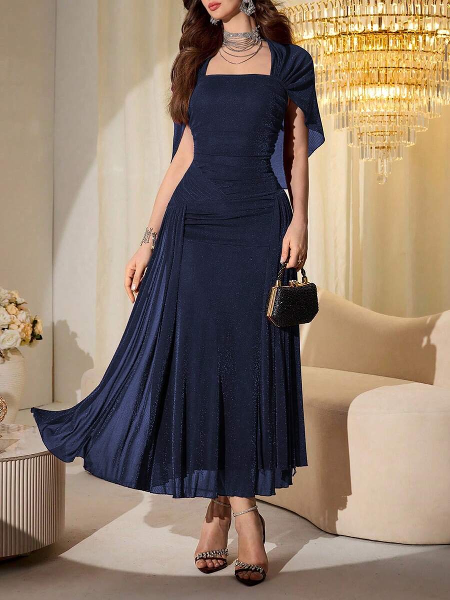 SHEIN Modelyn فستان طويل بأكمام شبكية لامعة بلون أزرق بحري