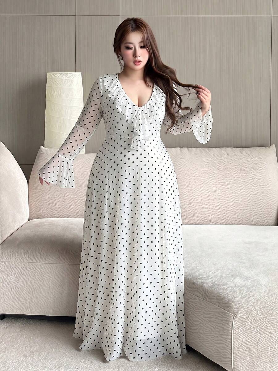 SHEIN Vibekara فستان أبيض طويل بطبعة نقاط سوداء بأكمام شفافة واسعة