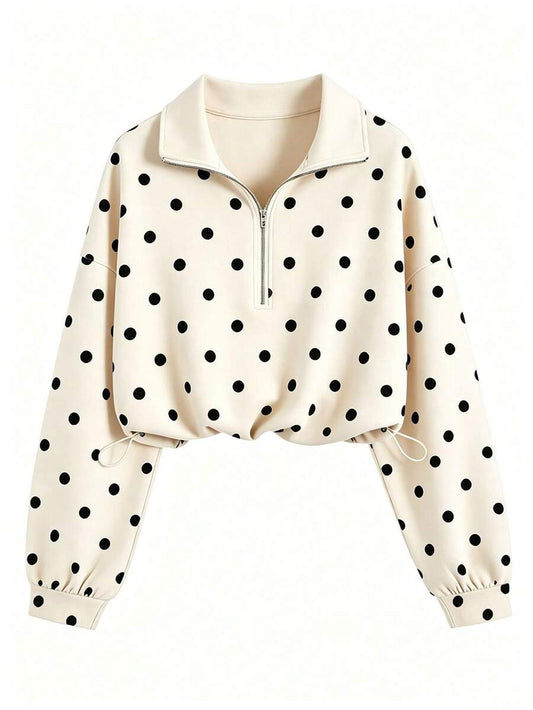 SHEIN QUELARIE سويت شيرت بنقشة بولكا دوت وسحاب نصفى وأكتاف منسدلة