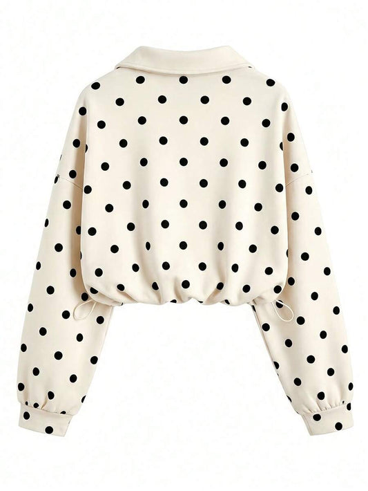 SHEIN QUELARIE سويت شيرت بنقشة بولكا دوت وسحاب نصفى وأكتاف منسدلة