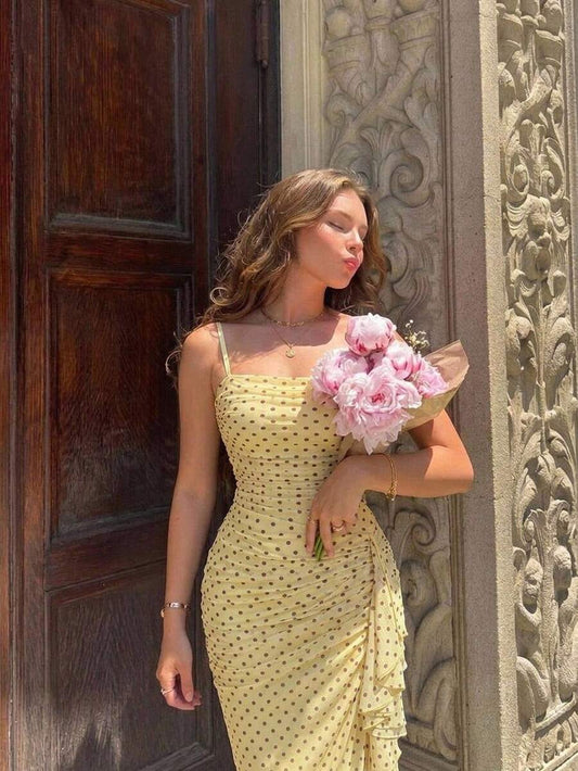 SHEIN MOD فستان أصفر بطبعة نقاط البولكا بحمالات رفيعة