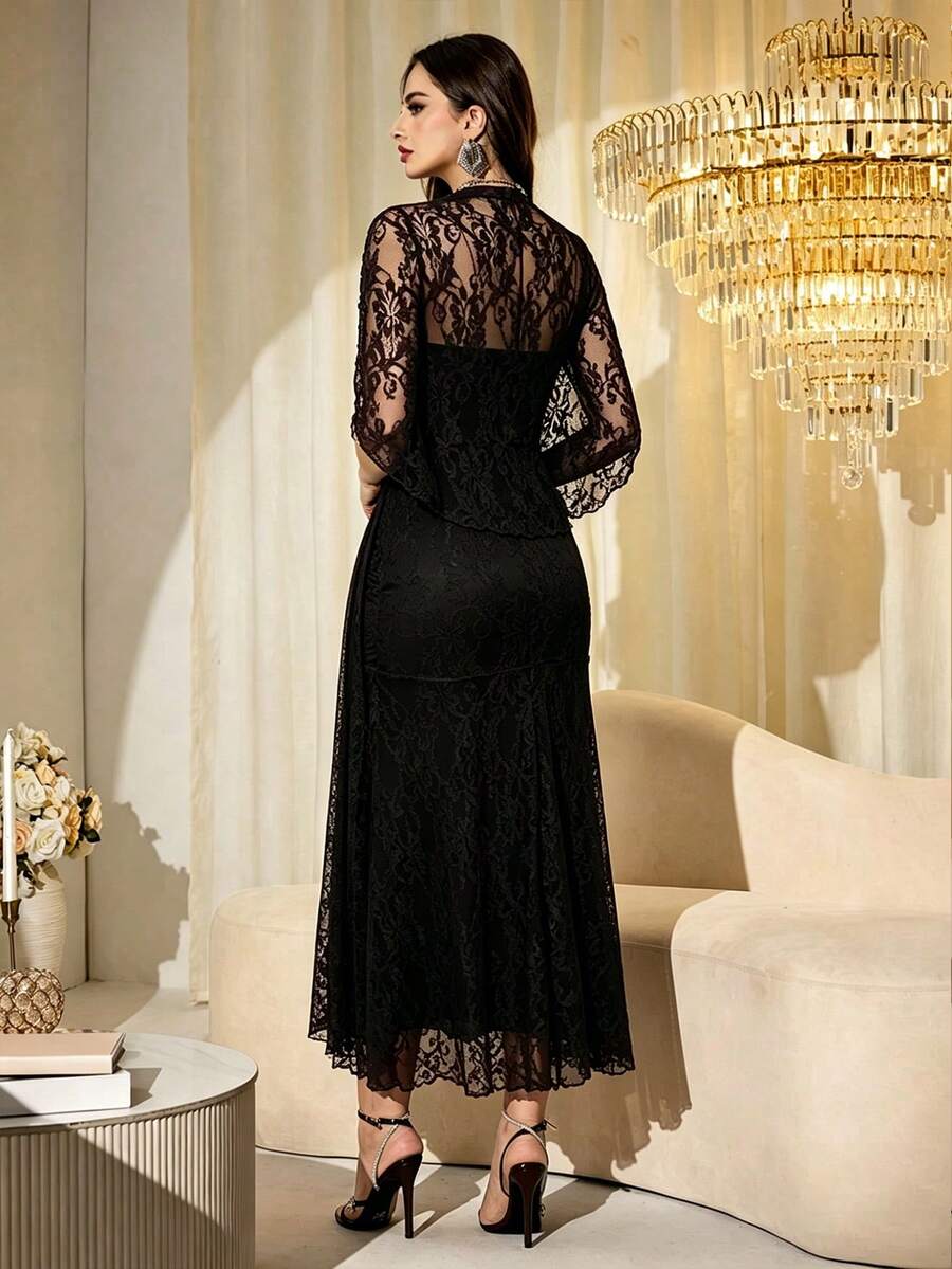 SHEIN Modelyn فستان أسود طويل من قماش شبكي بأكمام شال
