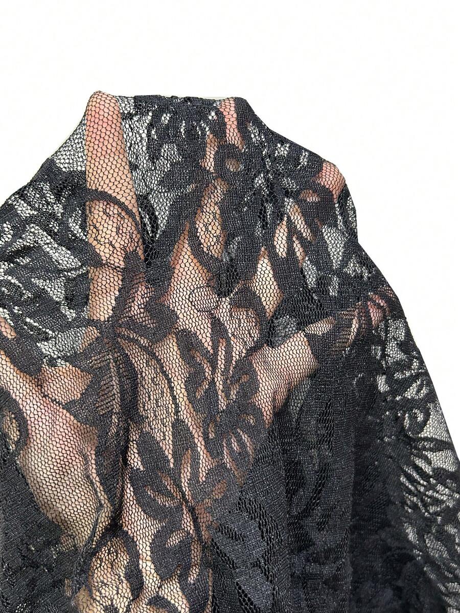 SHEIN Modelyn فستان أسود طويل من قماش شبكي بأكمام شال