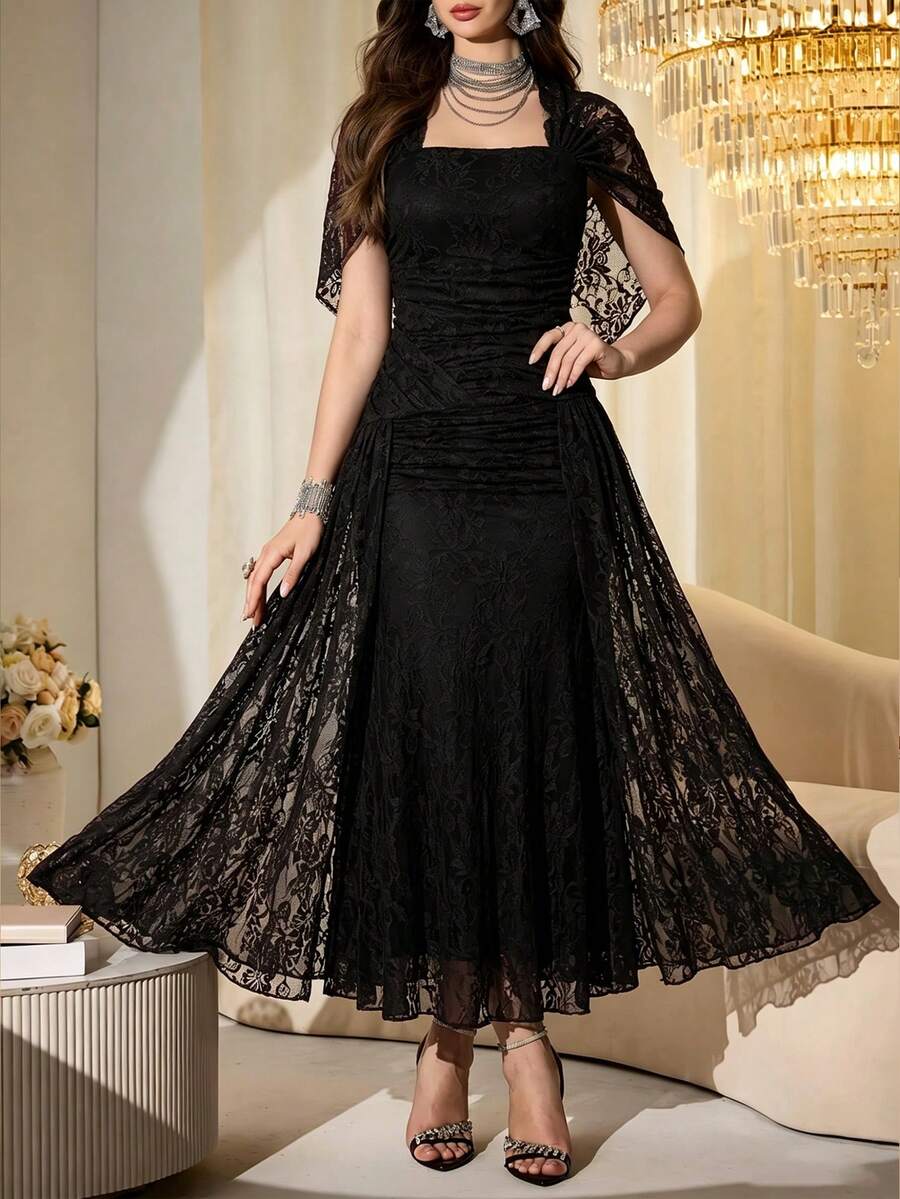 SHEIN Modelyn فستان أسود طويل من قماش شبكي بأكمام شال