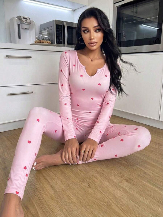 SHEIN ZzzCrew جمبسوت وردي ضيق بأكمام طويلة وقلوب وردية