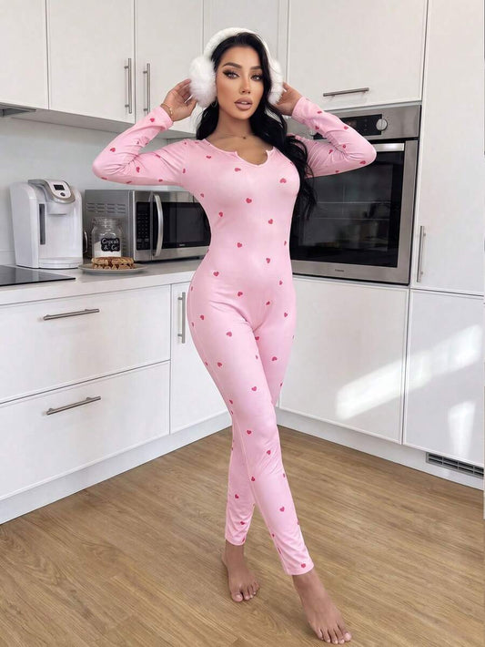 SHEIN ZzzCrew جمبسوت وردي ضيق بأكمام طويلة وقلوب وردية