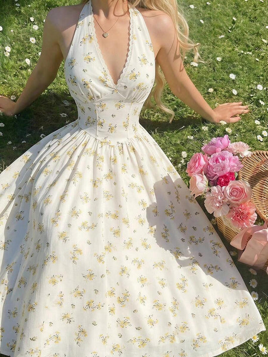 SHEIN MOD فستان مزين بالزهور والدانتيل بخصر عالي وتصميم هالتر