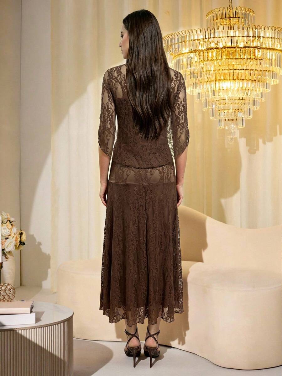 SHEIN Modelyn فستان بني طويل ضيق بقماش شبكي بأكمام شال شبكية