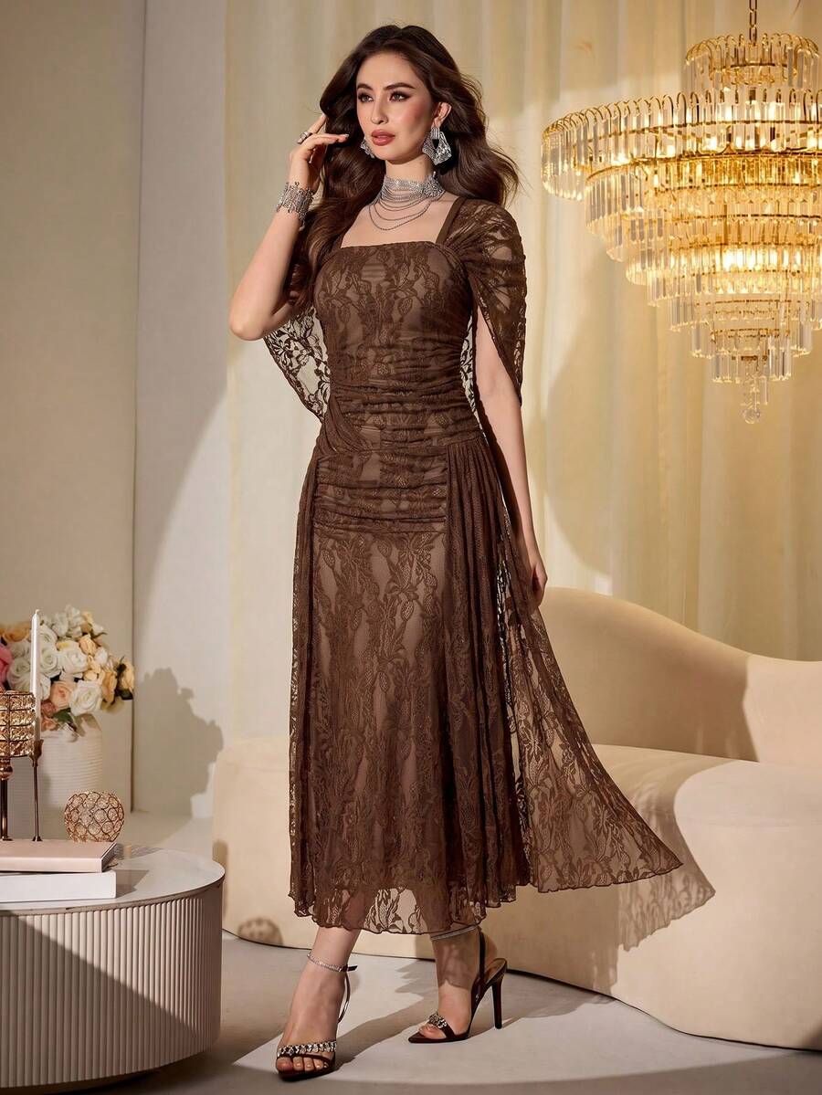 SHEIN Modelyn فستان بني طويل ضيق بقماش شبكي بأكمام شال شبكية
