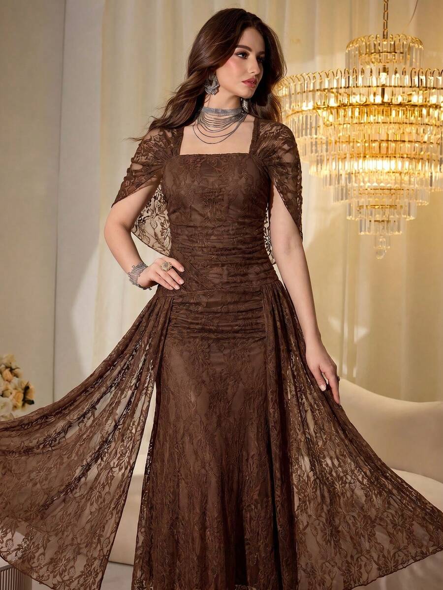 SHEIN Modelyn فستان بني طويل ضيق بقماش شبكي بأكمام شال شبكية