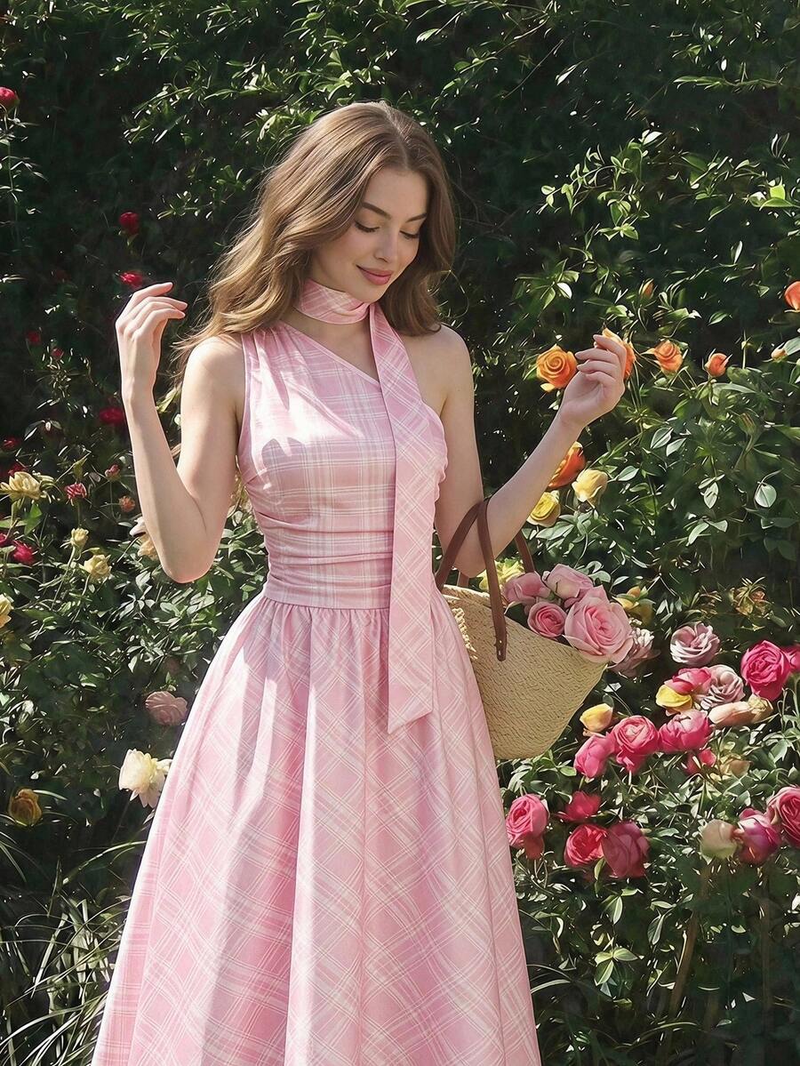 SHEIN فستان وردي أنيق بنقشة مربعات