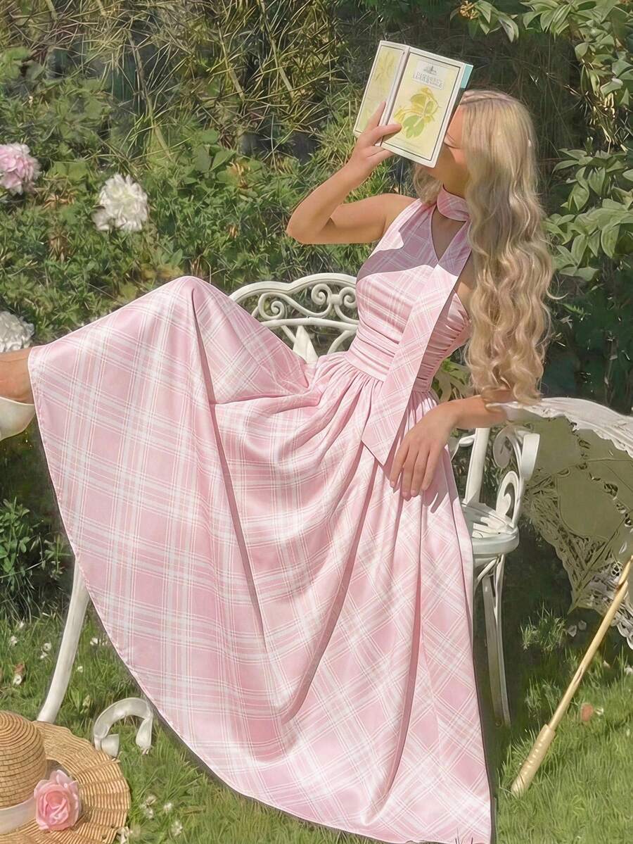 SHEIN فستان وردي أنيق بنقشة مربعات