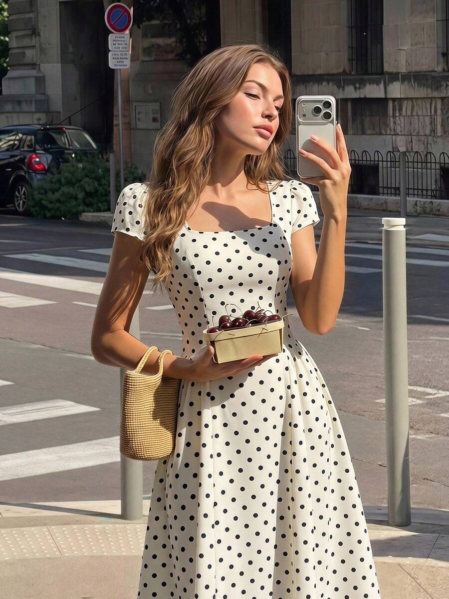 SHEIN فستان ميدي بطباعة نقاط سوداء برقبة مربعة وأكمام قصيرة