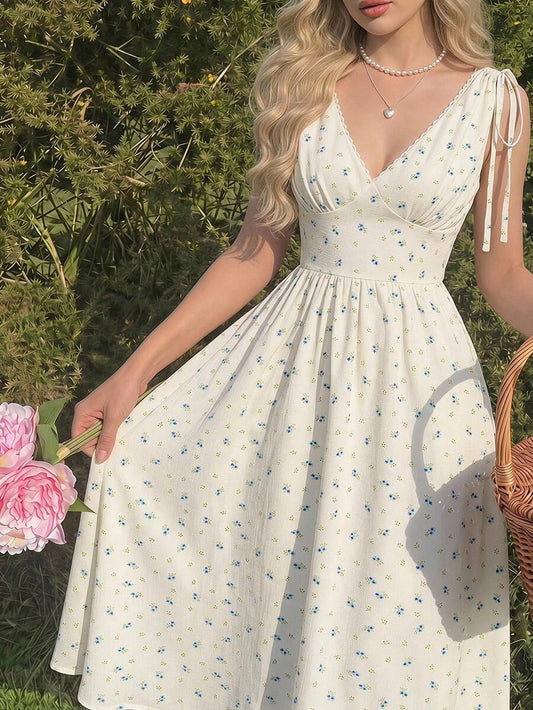 SHEIN MOD فستان بربطة عنق وزخارف زهرية صغيرة
