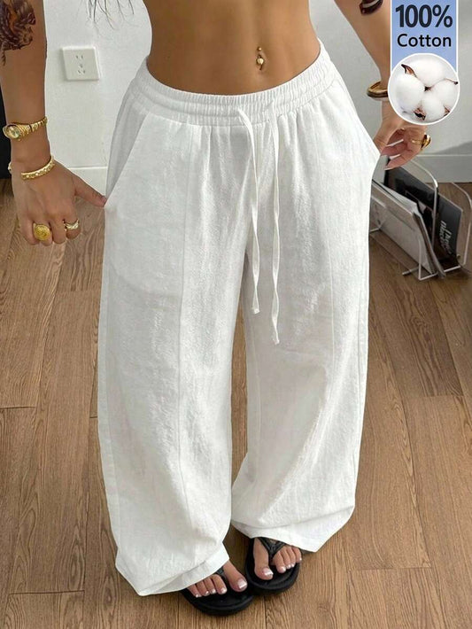 SHEIN Coolane بنطلون أبيض 100% قطن بحافة منحنية ستايل بوهو