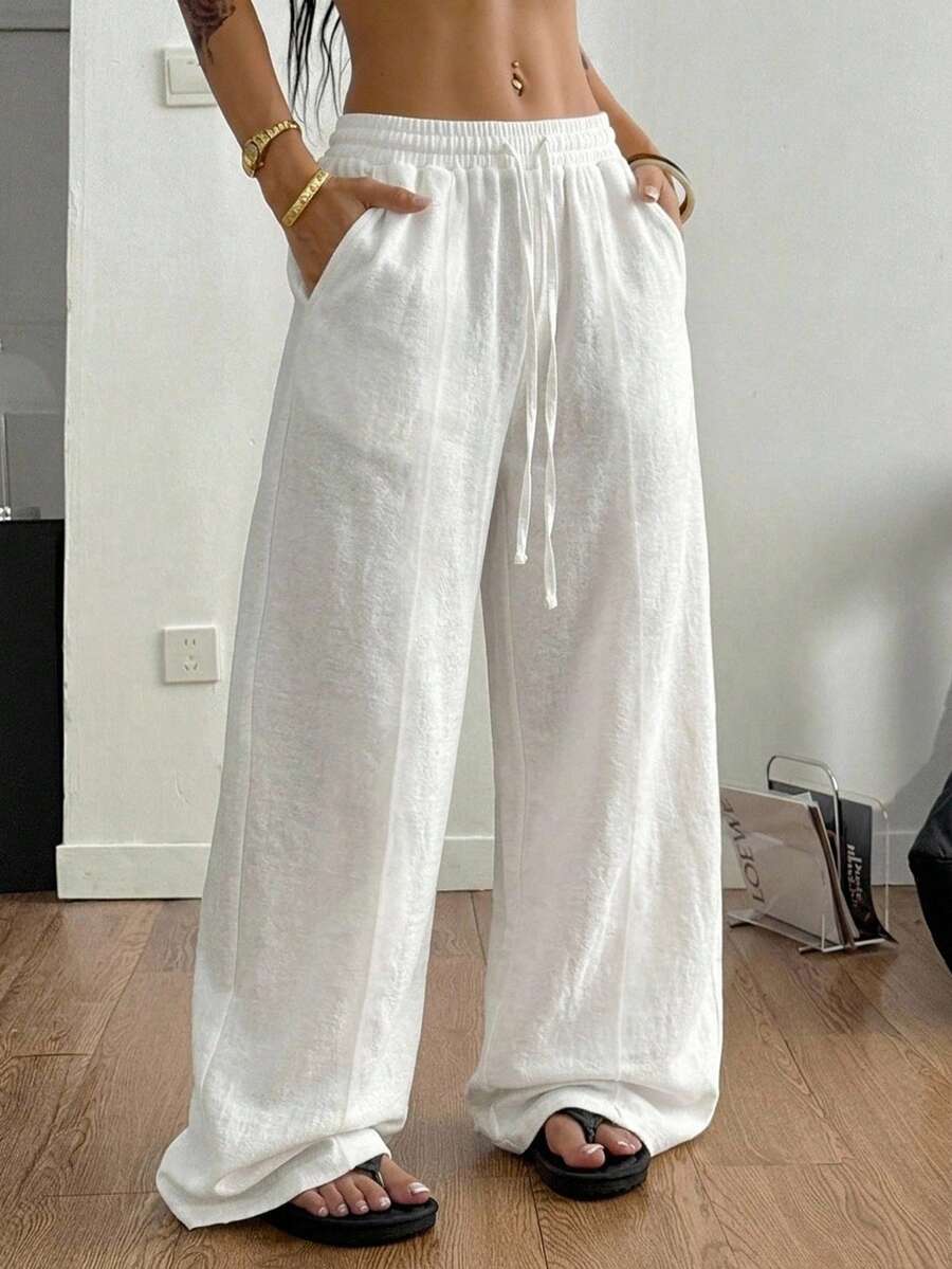 SHEIN Coolane بنطلون أبيض 100% قطن بحافة منحنية ستايل بوهو