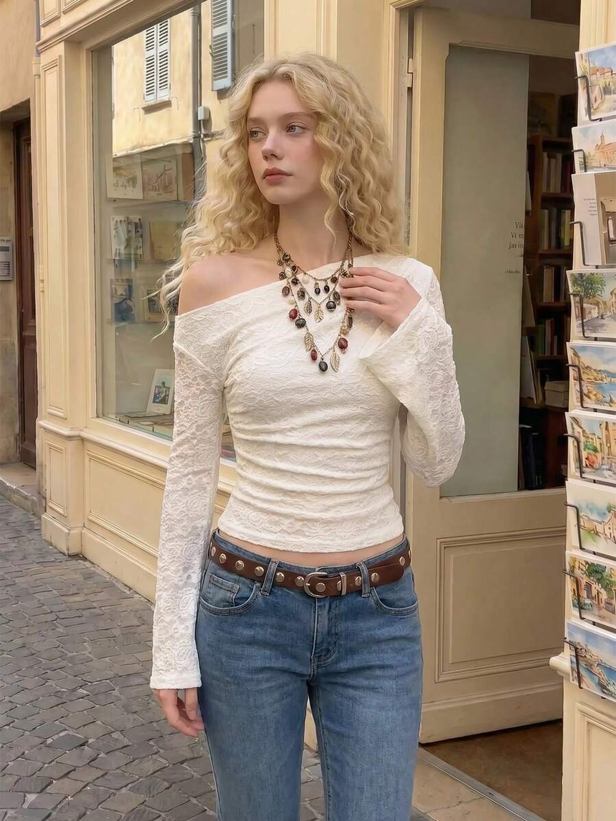 SHEIN MOD تي شيرت بكتف واحد بطبعة جاكار زهور بلون مشمشي
