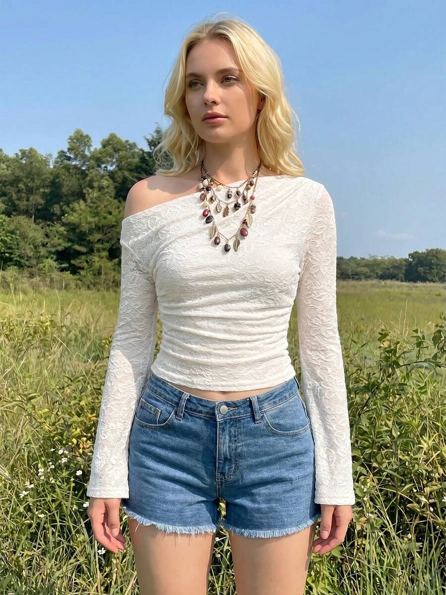 SHEIN MOD تي شيرت بكتف واحد بطبعة جاكار زهور بلون مشمشي
