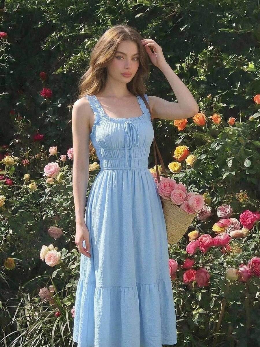 SHEIN فستان طويل أزرق بتصميم مطوي بلون موحد