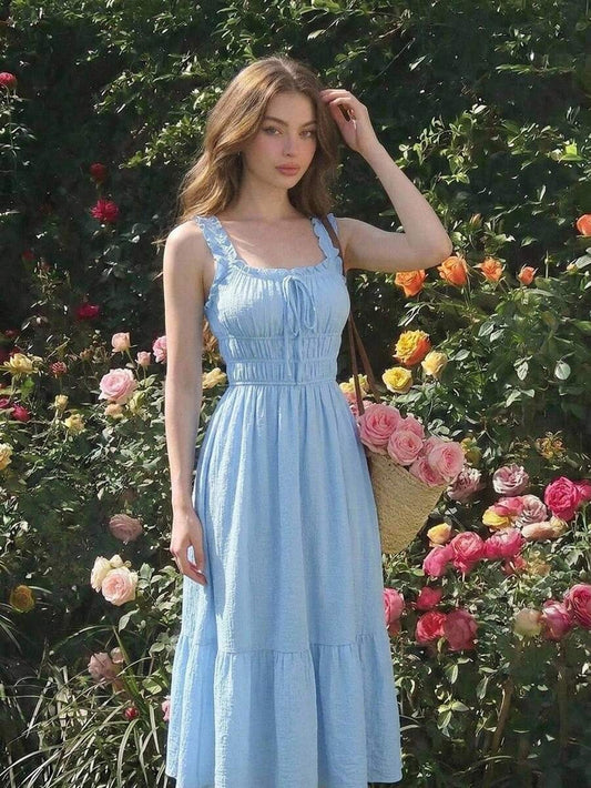 SHEIN فستان طويل أزرق بتصميم مطوي بلون موحد