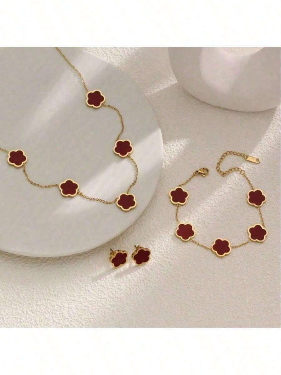 SHEIN طقم مجوهرات 4 قطع ستانلس ستيل بتصميم زهرة خماسية حمراء