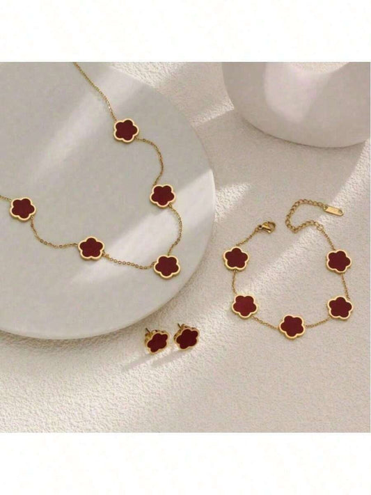 SHEIN طقم مجوهرات 4 قطع ستانلس ستيل بتصميم زهرة خماسية حمراء