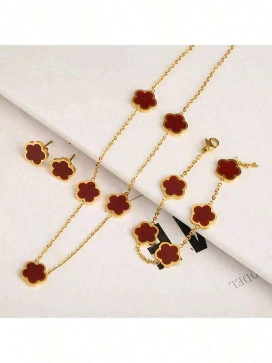 SHEIN طقم مجوهرات 4 قطع ستانلس ستيل بتصميم زهرة خماسية حمراء