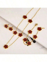 SHEIN طقم مجوهرات 4 قطع ستانلس ستيل بتصميم زهرة خماسية حمراء
