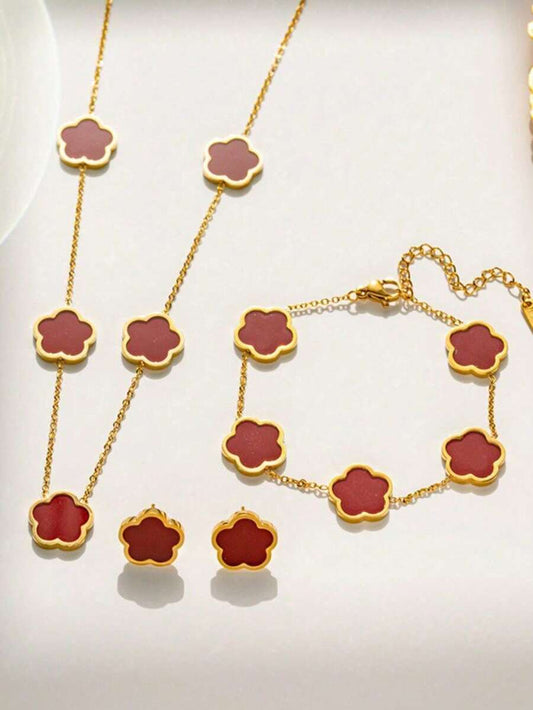 SHEIN طقم مجوهرات 4 قطع ستانلس ستيل بتصميم زهرة خماسية حمراء