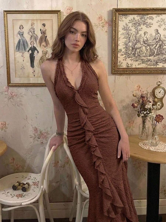 SHEIN MOD فستان شبكي ضيق بكشكشة وربطة فيونكة وياقة هالتر