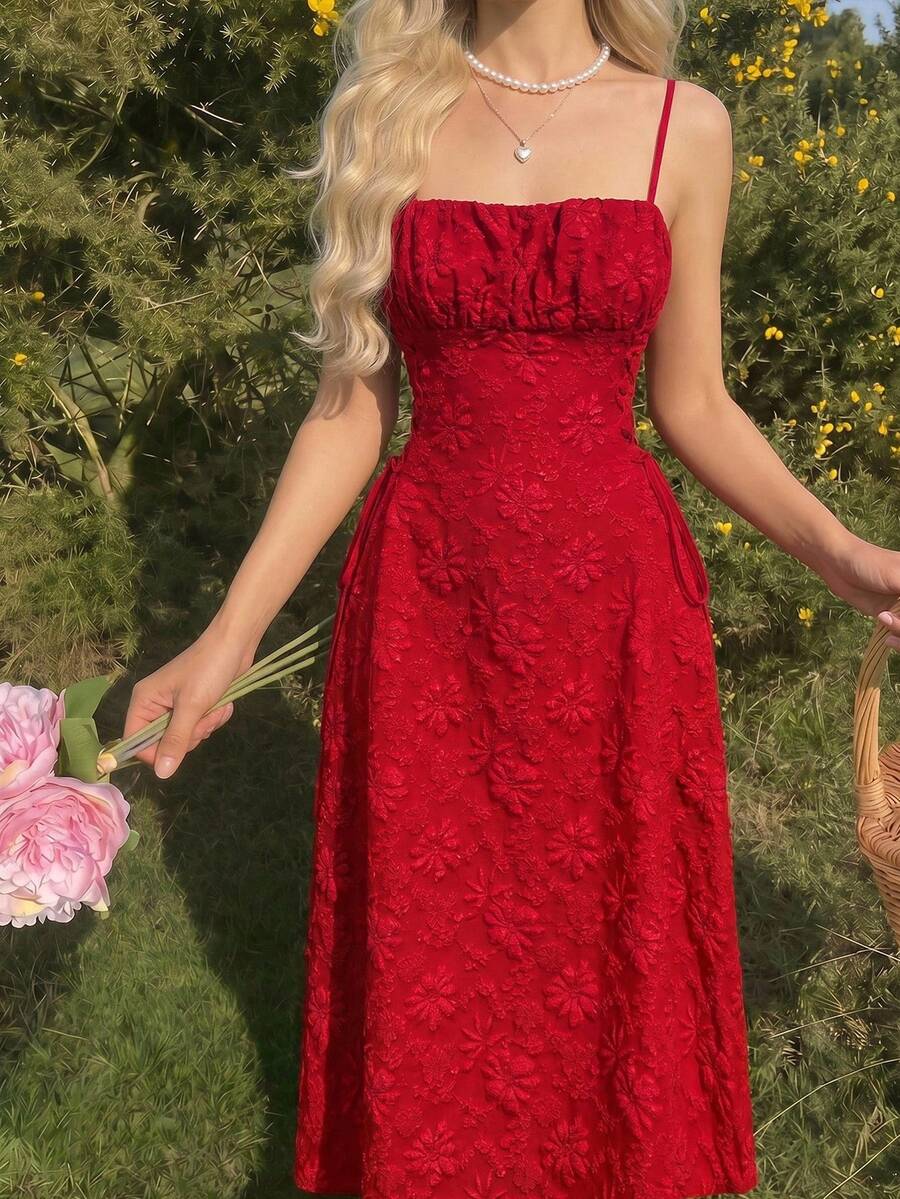 SHEIN MOD فستان أحمر جاكار مطوي بحمالات رفيعة وخصر مشدود