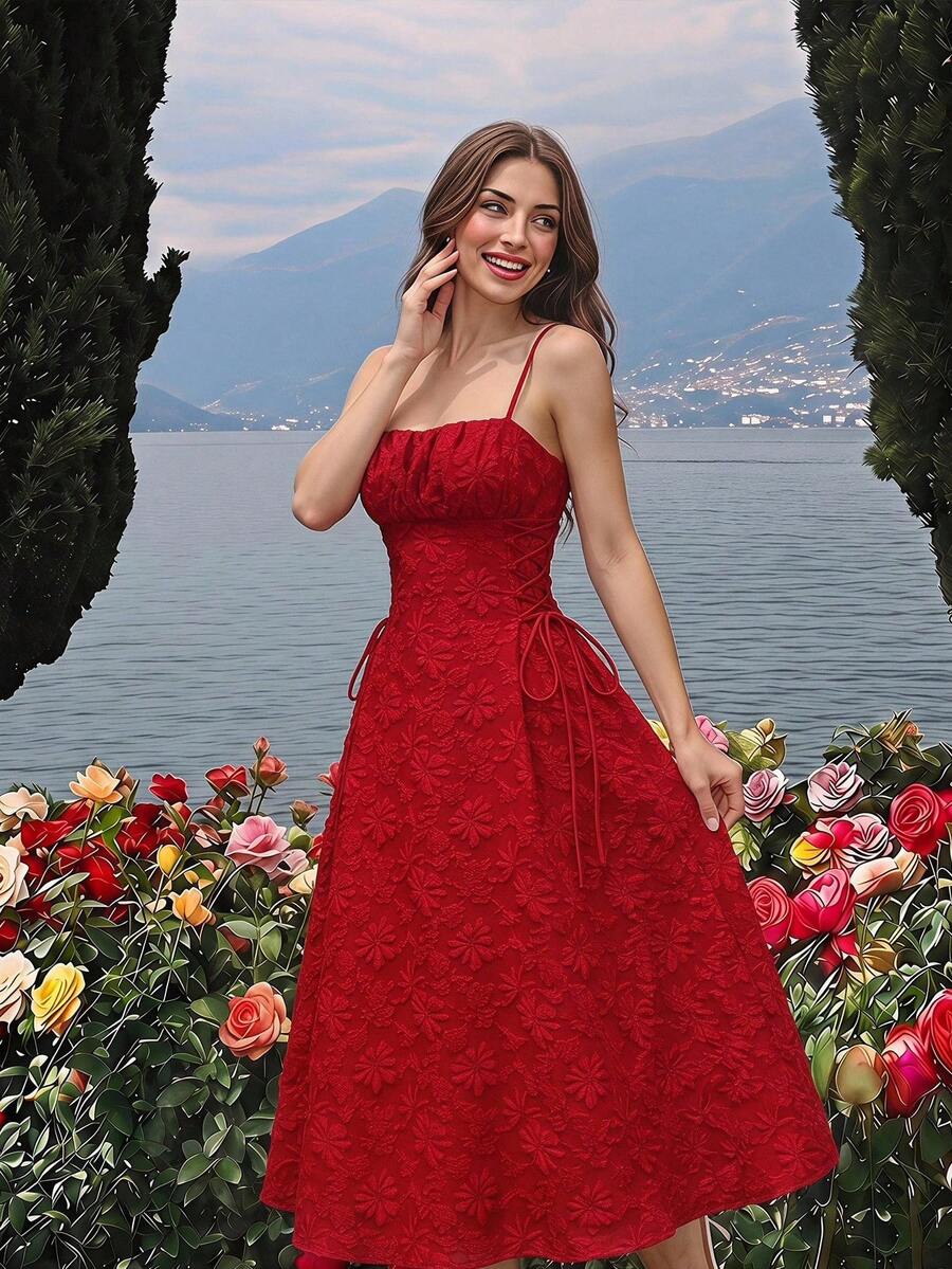 SHEIN MOD فستان أحمر جاكار مطوي بحمالات رفيعة وخصر مشدود