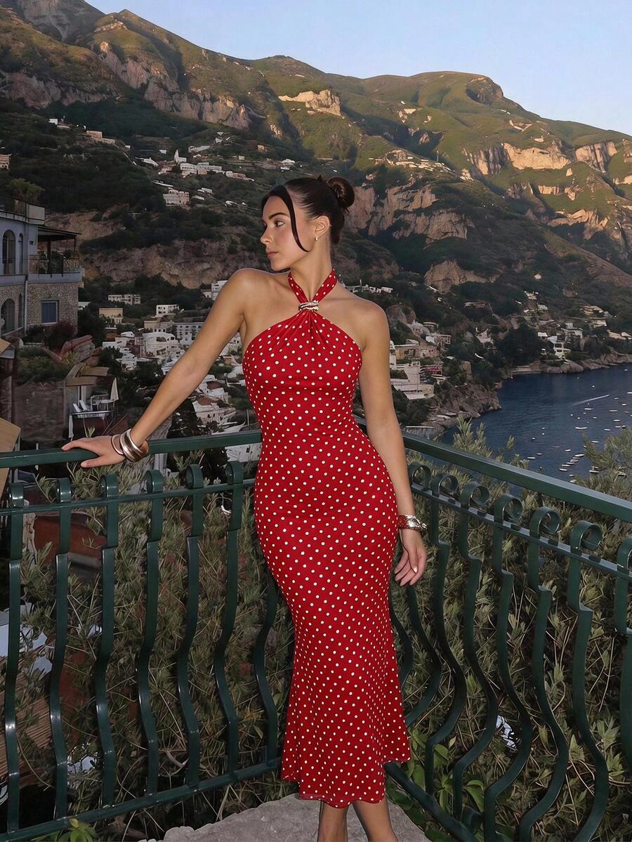 SHEIN MOD فستان طويل بتصميم حورية البحر برقبة هالتر وطبعة نقاط بولكا