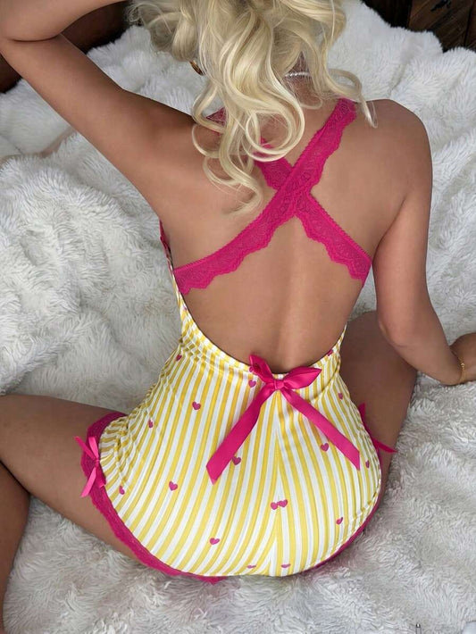 SHEIN CottageSlumber جمبسوت نوم بألوان متباينة ودانتيل وفيونكة