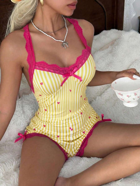 SHEIN CottageSlumber جمبسوت نوم بألوان متباينة ودانتيل وفيونكة