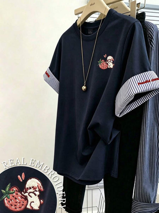 SHEIN Resyla تي شيرت نسائي بطبعة كرتونية بلون أزرق غامق