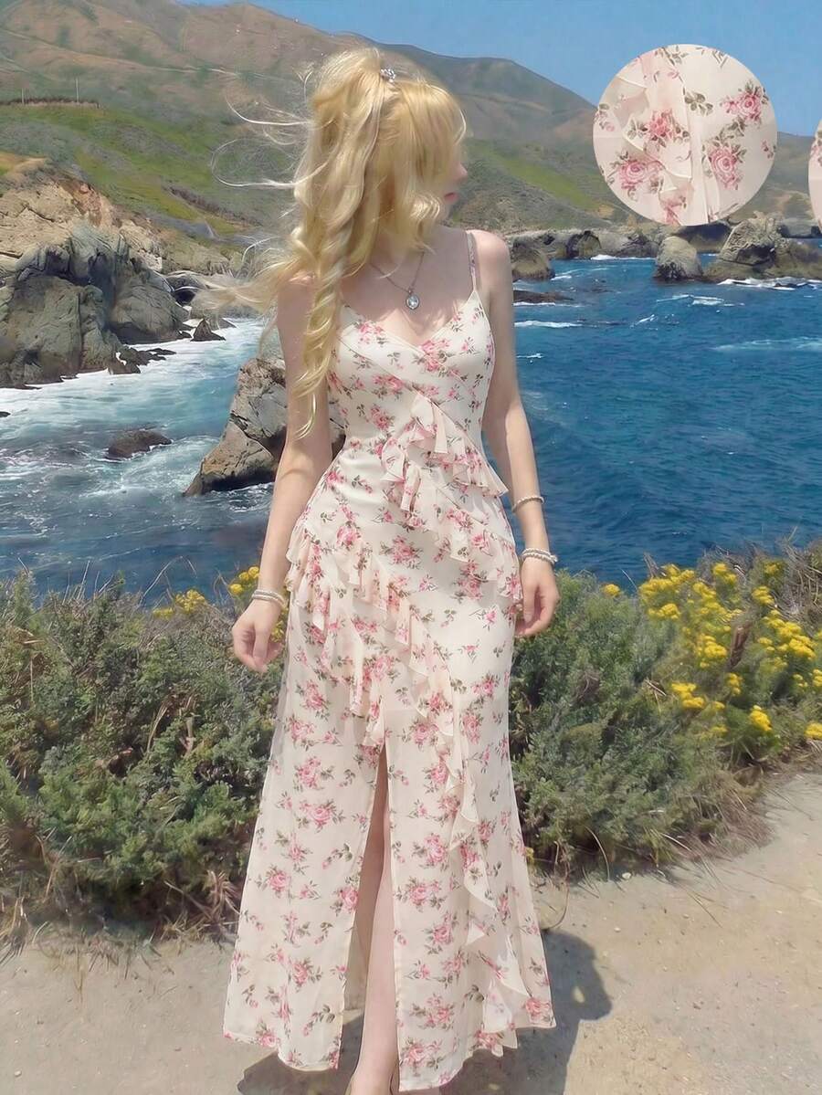 SHEIN فستان كامي بطبعة زهور فرنسية وحافة مكشكشة وفتحة أمامية
