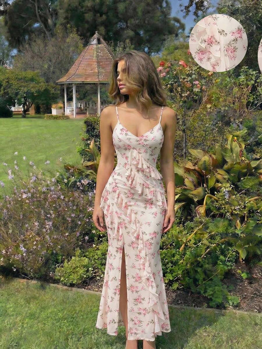 SHEIN فستان كامي بطبعة زهور فرنسية وحافة مكشكشة وفتحة أمامية