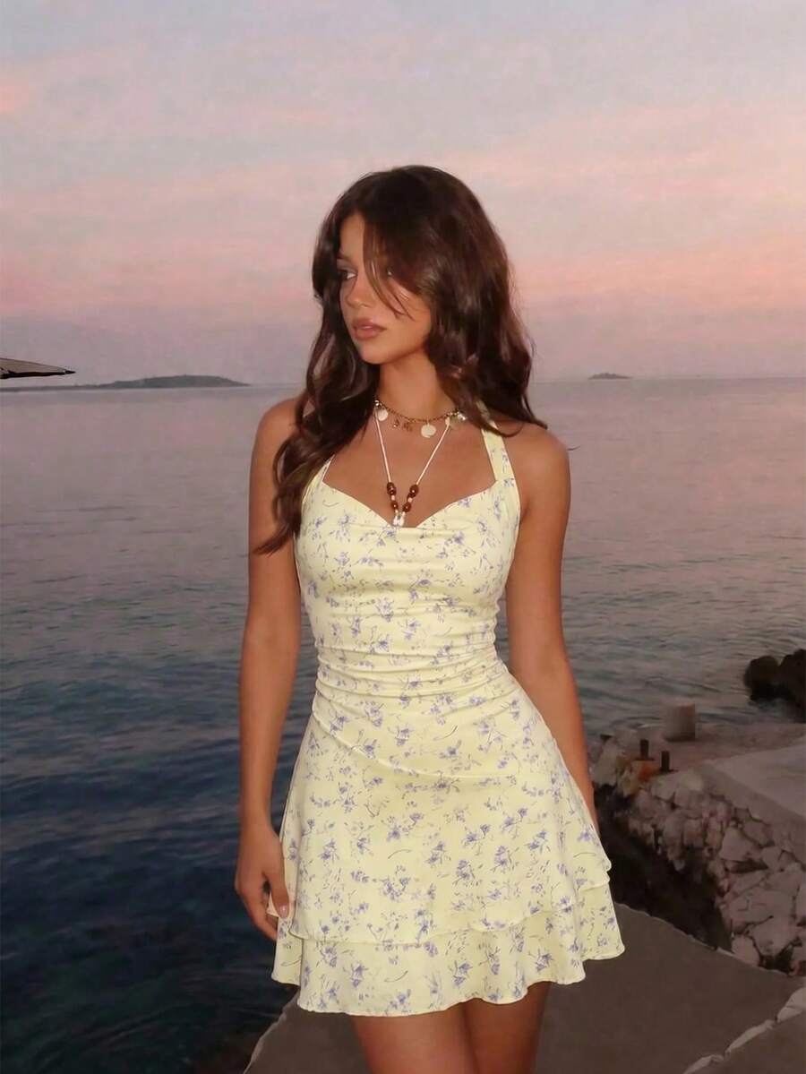 SHEIN MOD فستان قصير بياقة منخفضة وكشكشة وحافة طبقات