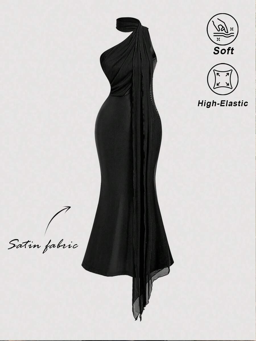SHEIN MOD فستان أسود طويل سادة بكتف واحد وقصة حورية البحر