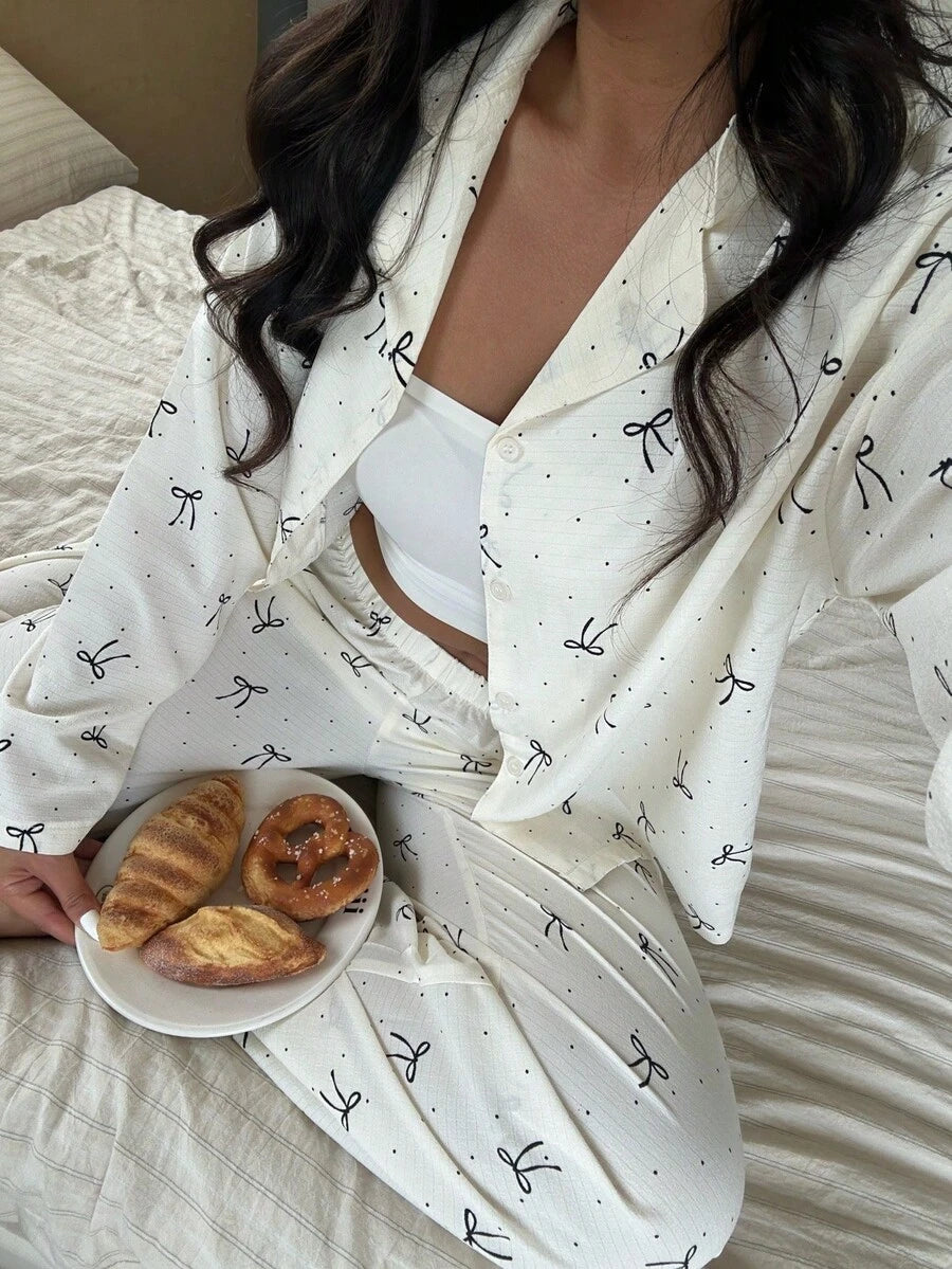 SHEIN Nina Bonheur طقم بيجامة قطعتين بلوزة فضفاضة طويلة الأكمام وبنطلون
