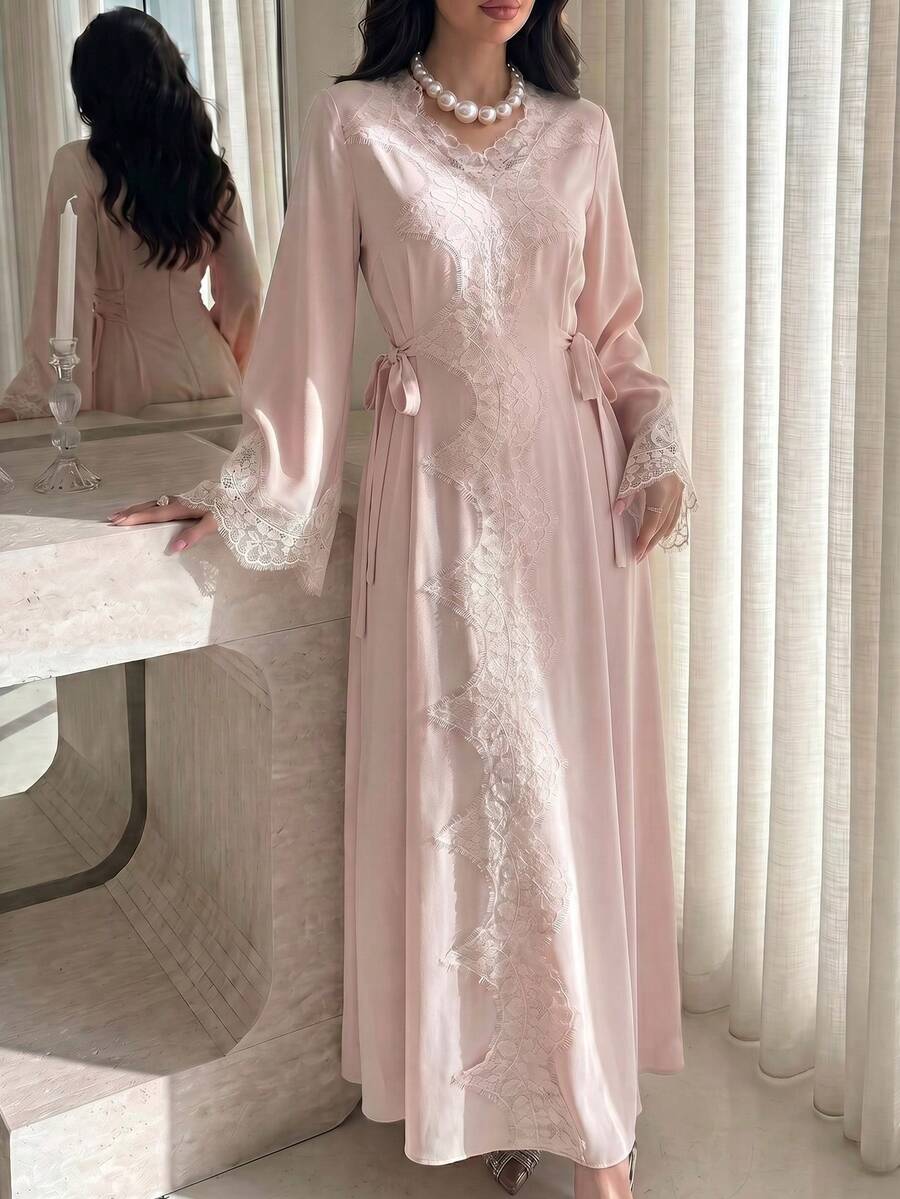 SHEIN Yasmyna فستان عربي وردي بأكمام طويلة من الدانتيل وربطة خصر