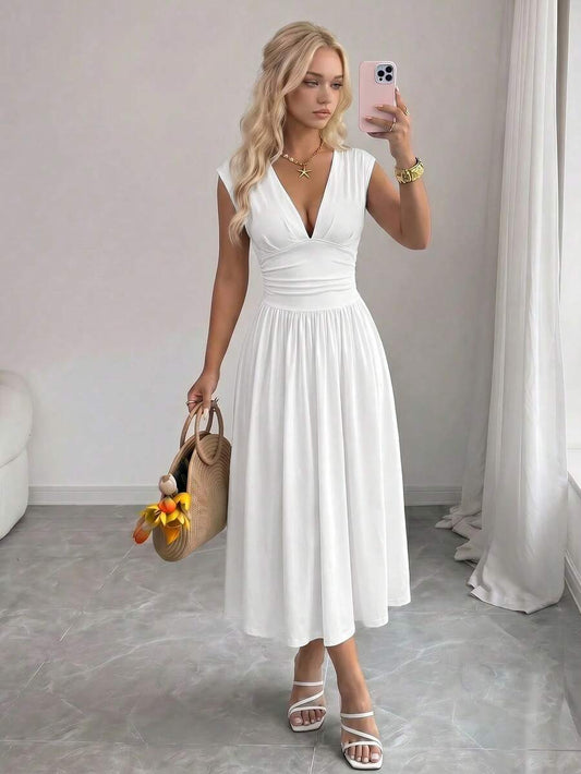 SHEIN MOD فستان أبيض سادة أنيق بحزام خصر