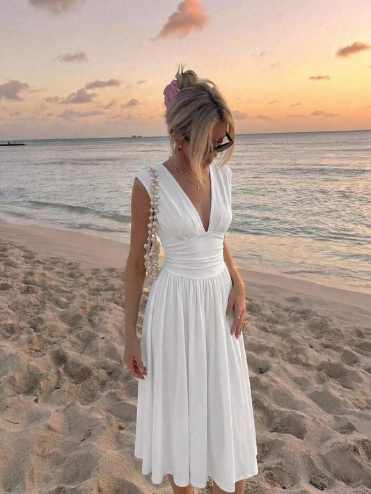 SHEIN MOD فستان أبيض سادة أنيق بحزام خصر