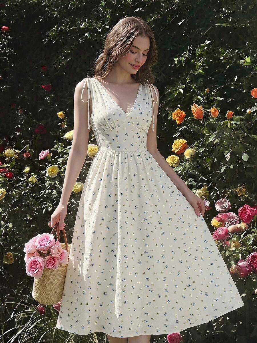 SHEIN MOD فستان بربطة عنق وزخارف زهرية صغيرة