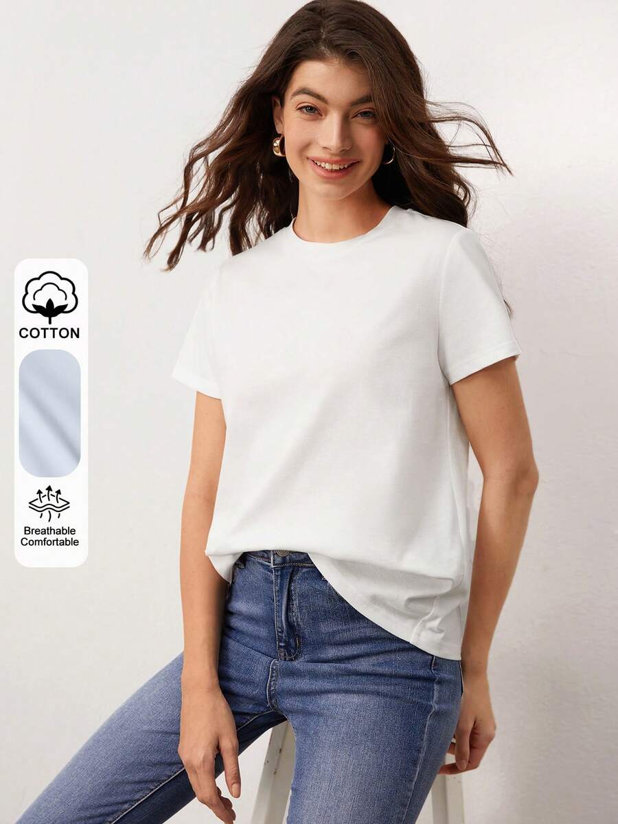 SHEIN BASICS تي شيرت نسائي أبيض قصير الأكمام بياقة دائرية