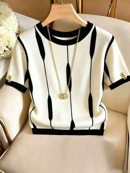 SHEIN Franclia تي شيرت نسائي كاجوال بياقة دائرية وأكمام قصيرة بلون بيج