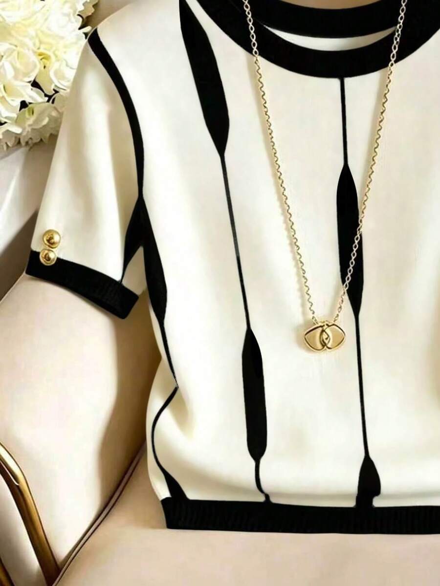 SHEIN Franclia تي شيرت نسائي كاجوال بياقة دائرية وأكمام قصيرة بلون بيج