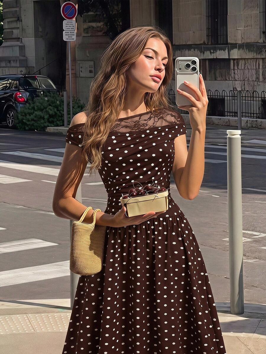 SHEIN MOD فستان بكتف واحد بطبعة نقاط بولكا مع رقع دانتيل